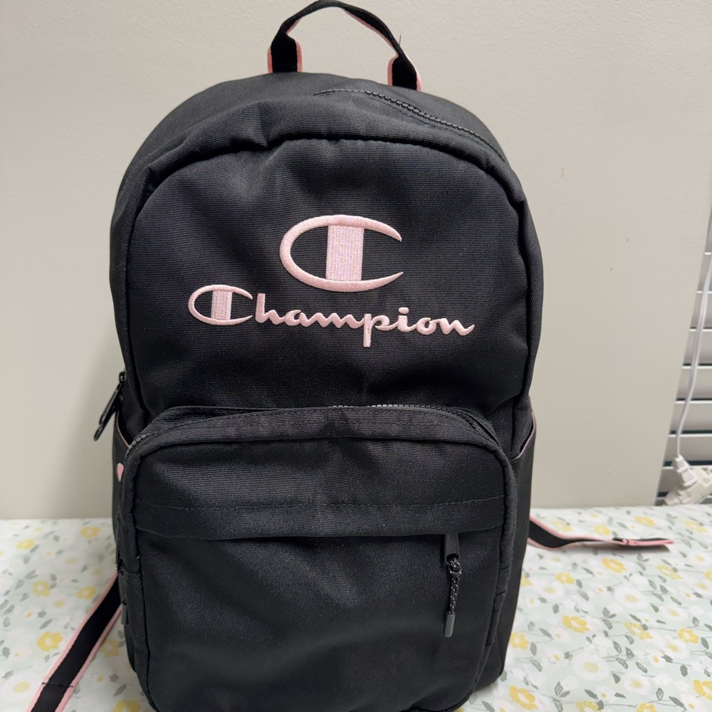 Champion Backpack in Black with Pink Logo